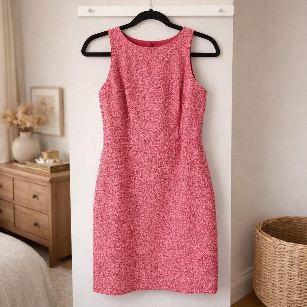 Ann Taylor Petite Coral & White Shift Dress Geometric Textured Floral Pattern 4P